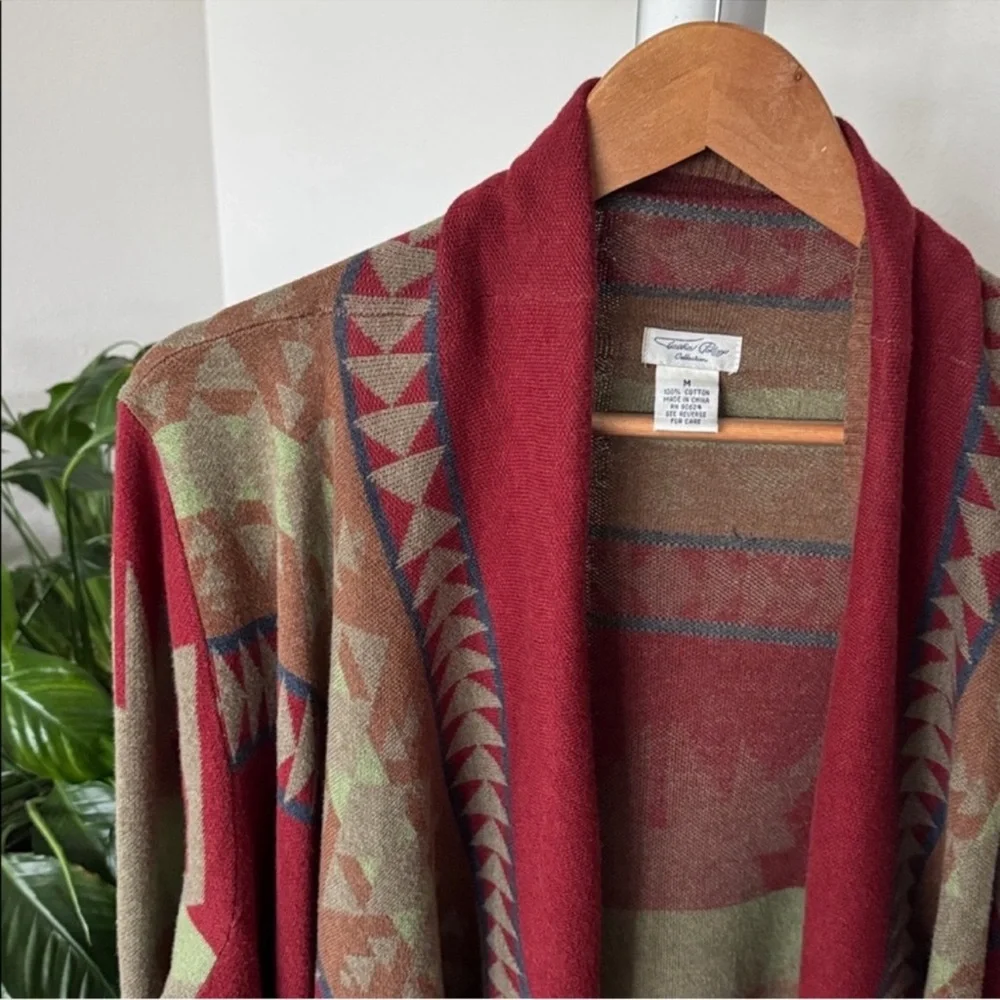 Tasha Polizzi Southwestern Drape Fringe cardigan sweater Sz M Brown Red Open - Picture 5 of 12